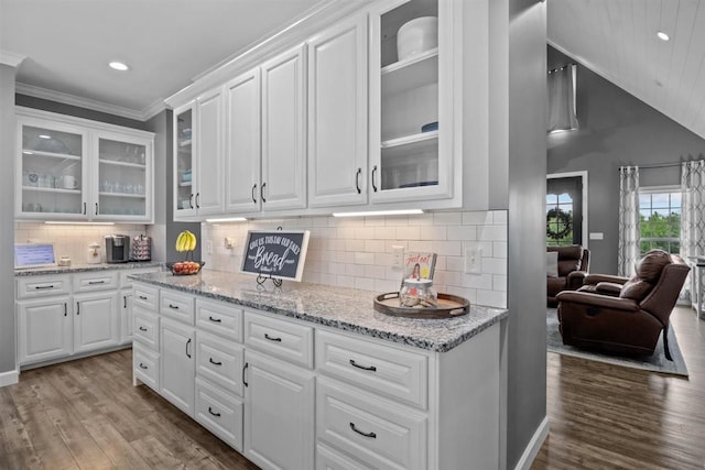 3571 Old Blacktop Rd, Mc Ewen, TN 37101 - kitchen featuring white cabinetry, wood finished floors, vaulted ceiling, glass insert cabinets, and recessed lighting