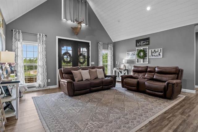 3571 Old Blacktop Rd, Mc Ewen, TN 37101 - living area with wood ceiling, high vaulted ceiling, wood finished floors, baseboards, and recessed lighting