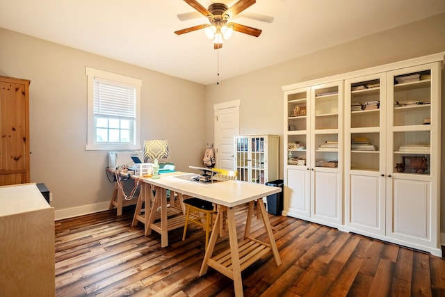 82 Staggs Rd, Ethridge, TN 38456 - dining room featuring dark wood-style floors, an office area, baseboards, and a ceiling fan