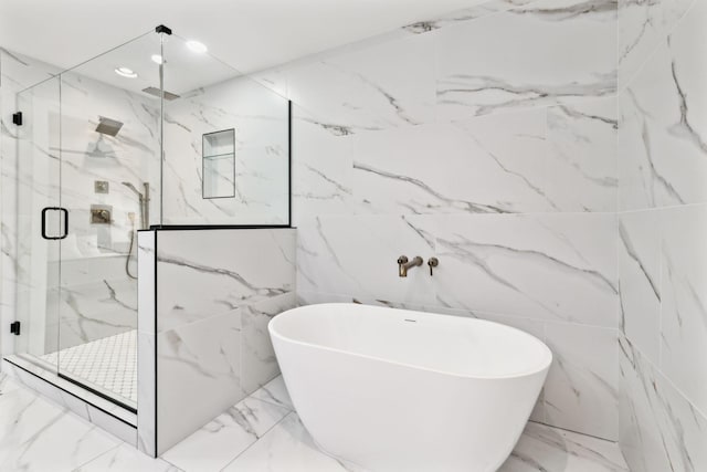 358 Coopertown Rd, Unionville, TN 37180 - full bathroom with a freestanding bath, a marble finish shower, marble tiled floors, and recessed lighting