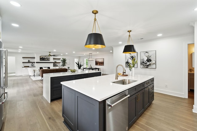 358 Coopertown Rd, Unionville, TN 37180 - kitchen with an island with sink, stainless steel dishwasher, a sink, light wood-type flooring, and recessed lighting
