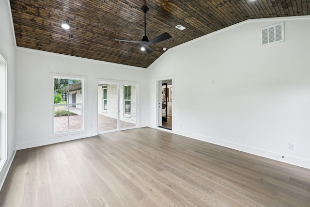 358 Coopertown Rd, Unionville, TN 37180 - unfurnished room with ceiling fan, wood finished floors, baseboards, high vaulted ceiling, and wooden ceiling