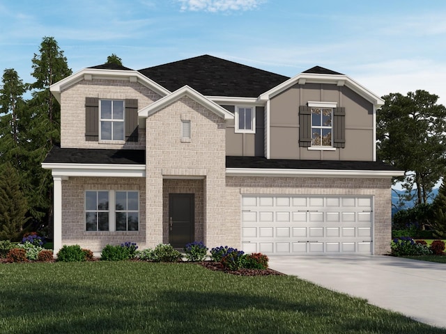 view of front of house featuring concrete driveway, a front yard, and a garage