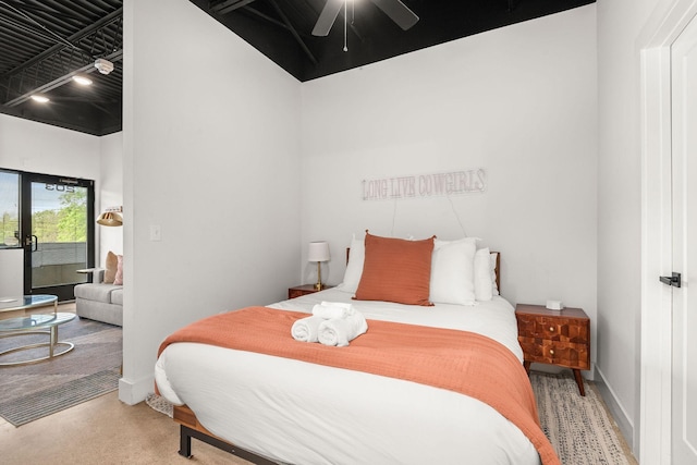 bedroom with access to outside, baseboards, and a ceiling fan