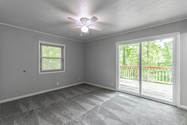 unfurnished room with carpet, crown molding, a textured ceiling, ceiling fan, and baseboards