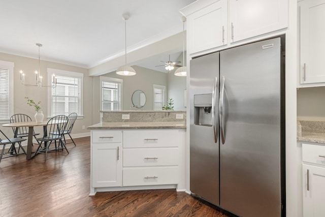 513 Westboro Dr, Nashville, TN 37209 - kitchen with stainless steel refrigerator with ice dispenser, a peninsula, dark wood-type flooring, white cabinetry, and ceiling fan