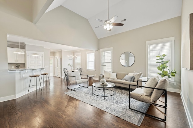 513 Westboro Dr, Nashville, TN 37209 - living area with high vaulted ceiling, a ceiling fan, plenty of natural light, baseboards, and dark wood finished floors