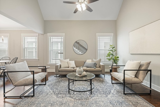513 Westboro Dr, Nashville, TN 37209 - living area featuring vaulted ceiling, ceiling fan, baseboards, and healthy amount of natural light