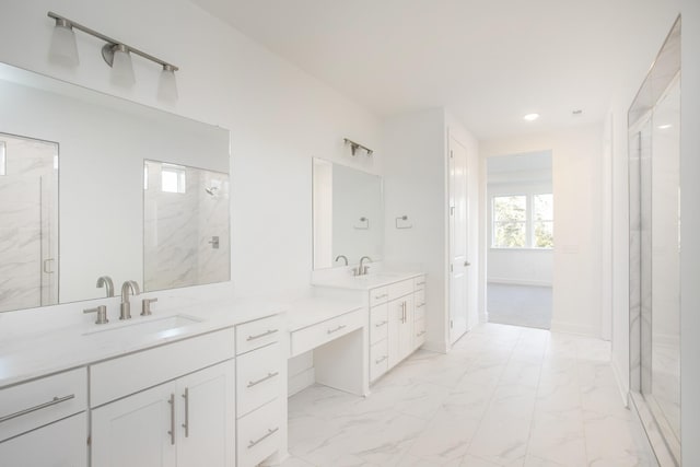 full bath featuring a marble finish shower, marble look tiles, vanity, baseboards, and recessed lighting