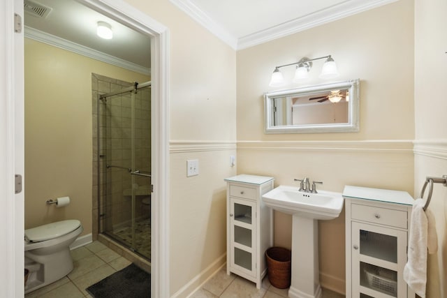 2130 River Chase Dr, Murfreesboro, TN 37128 - full bathroom with toilet, tile patterned flooring, a shower stall, ornamental molding, and a ceiling fan