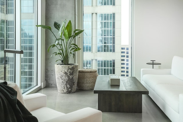 living area featuring finished concrete flooring