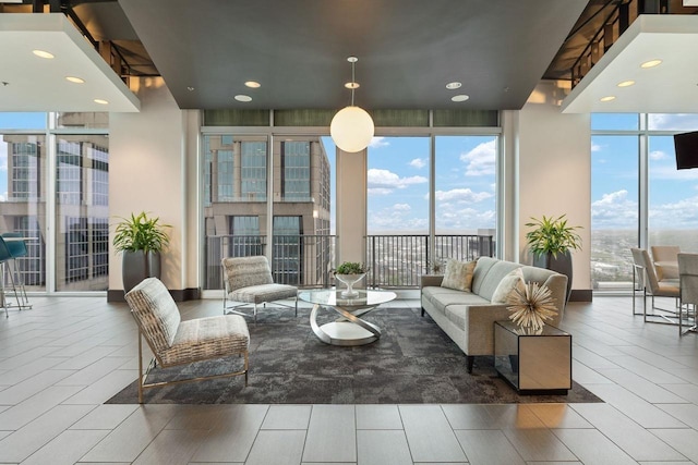 living area with expansive windows