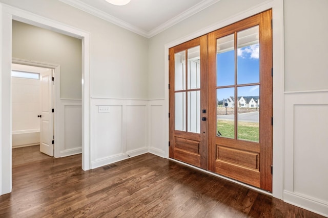 1900 Martha Washington Way, Murfreesboro, TN 37130 - doorway with dark wood-style floors, ornamental molding, a decorative wall, and wainscoting