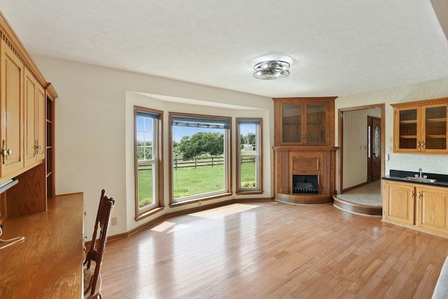 1361 Madison Creek Rd, Goodlettsville, TN 37072 - kitchen featuring light wood-style flooring, a fireplace, glass insert cabinets, dark countertops, and a textured ceiling