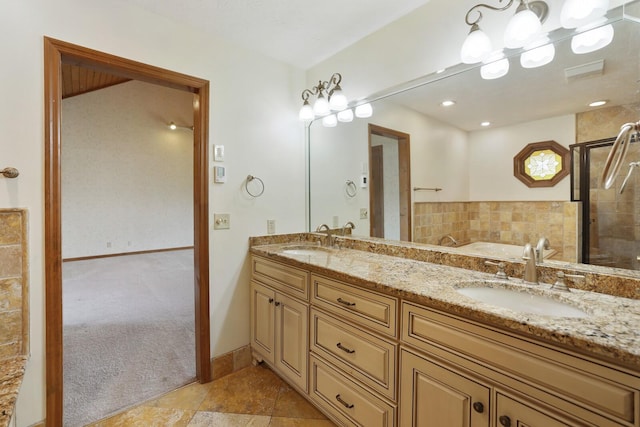 1361 Madison Creek Rd, Goodlettsville, TN 37072 - full bathroom featuring a garden tub, double vanity, and tiled shower