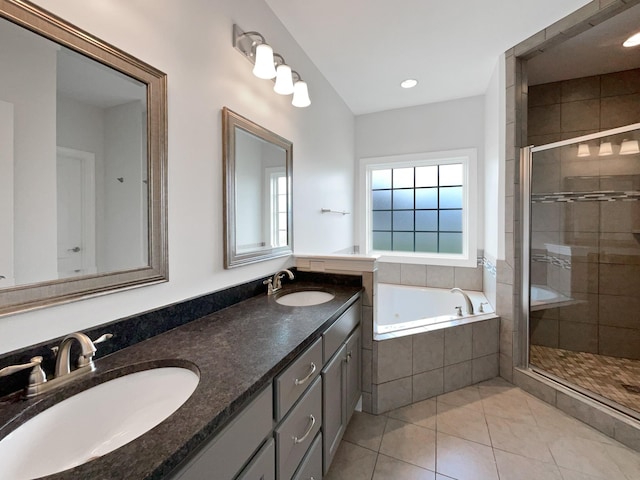 1117 Bandini Ct, Lascassas, TN 37085 - full bathroom featuring tile patterned floors, a shower stall, a bath, double vanity, and recessed lighting