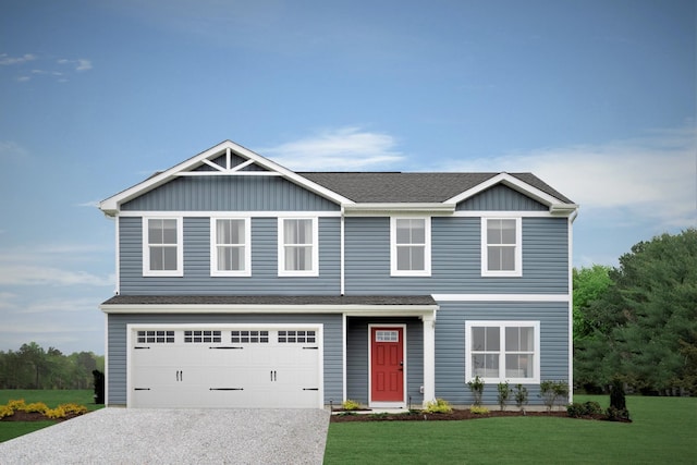 view of front of property with driveway, a front yard, an attached garage, board and batten siding, and a shingled roof