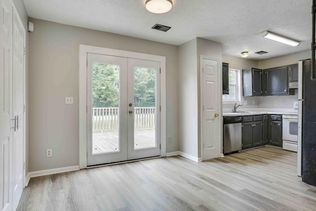 kitchen featuring french doors, dishwasher, electric range, light wood-style flooring, and a sink