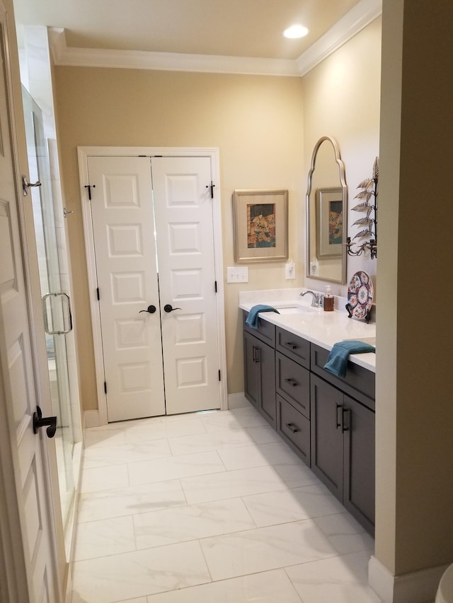 501 Wright Branch Cv, Hermitage, TN 37076 - bathroom featuring double vanity, crown molding, a stall shower, marble look tiles, and recessed lighting