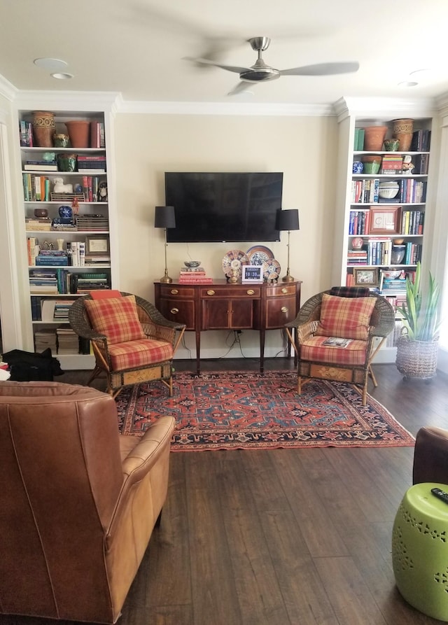 501 Wright Branch Cv, Hermitage, TN 37076 - living area with a ceiling fan, ornamental molding, built in shelves, and wood finished floors