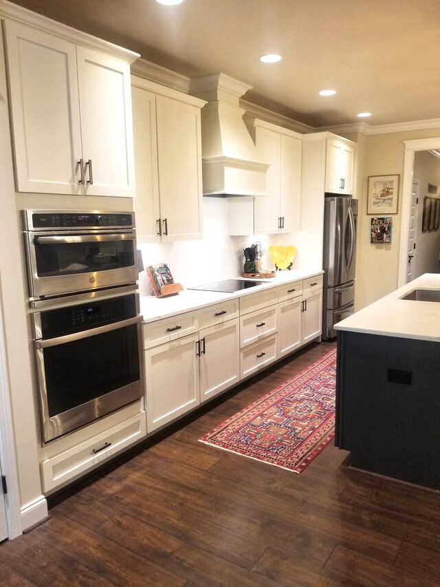 501 Wright Branch Cv, Hermitage, TN 37076 - kitchen with appliances with stainless steel finishes, premium range hood, dark wood-style flooring, ornamental molding, and light countertops