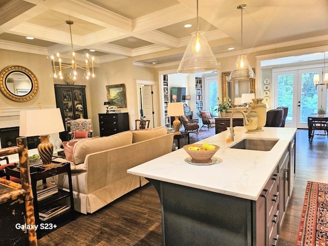 501 Wright Branch Cv, Hermitage, TN 37076 - kitchen with a sink, open floor plan, dark wood-type flooring, beamed ceiling, and coffered ceiling