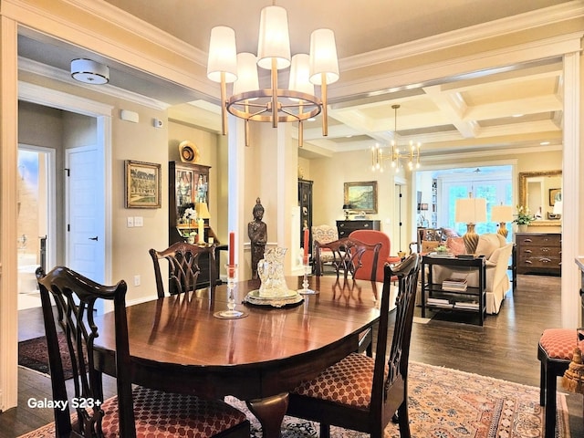 501 Wright Branch Cv, Hermitage, TN 37076 - dining area with a chandelier, wood finished floors, beamed ceiling, ornamental molding, and baseboards