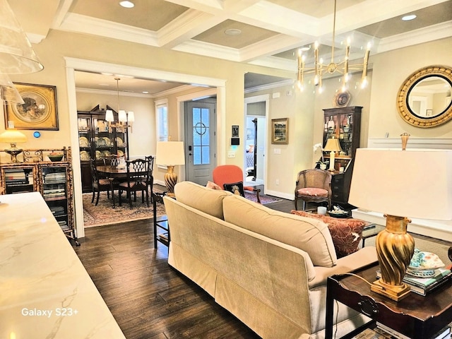 501 Wright Branch Cv, Hermitage, TN 37076 - living area with a chandelier, dark wood-style floors, coffered ceiling, ornamental molding, and beam ceiling