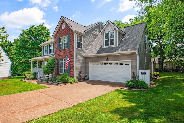 colonial house with concrete driveway, a front yard, a shingled roof, and an attached garage