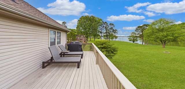 378 Roy Harris Rd, Kuttawa, KY 42055 - wooden deck featuring a water view, a lawn, and grilling area