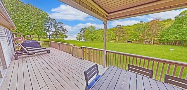 378 Roy Harris Rd, Kuttawa, KY 42055 - wooden deck with a water view, a yard, and outdoor dining area