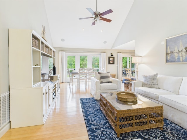 378 Roy Harris Rd, Kuttawa, KY 42055 - living room with high vaulted ceiling, light wood-style flooring, and ceiling fan
