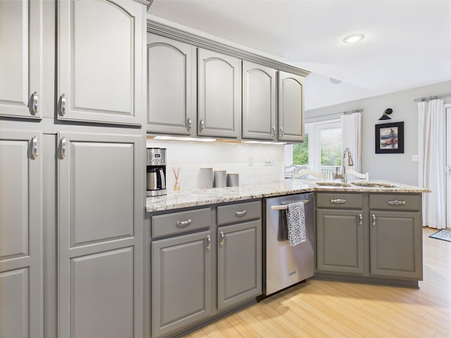378 Roy Harris Rd, Kuttawa, KY 42055 - kitchen with stainless steel dishwasher, gray cabinetry, a peninsula, light wood-type flooring, and a sink