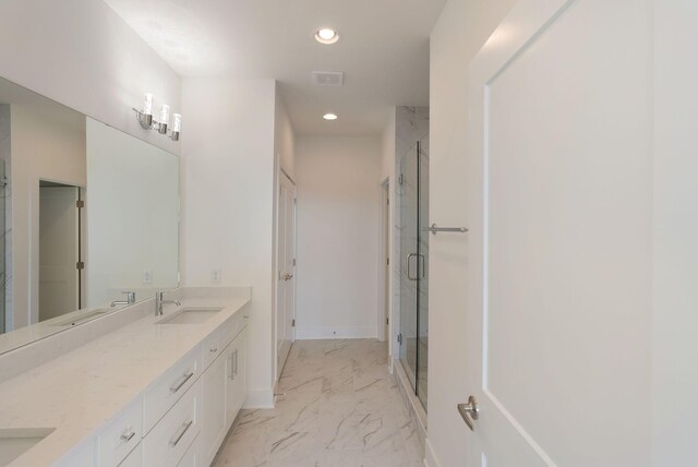 520 Proximity Cir, Nashville, TN 37207 - full bath featuring marble finish flooring, recessed lighting, a stall shower, double vanity, and baseboards