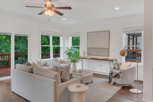525B Stevenson St, Nashville, TN 37209 - living area with wood finished floors, plenty of natural light, a ceiling fan, recessed lighting, and baseboards
