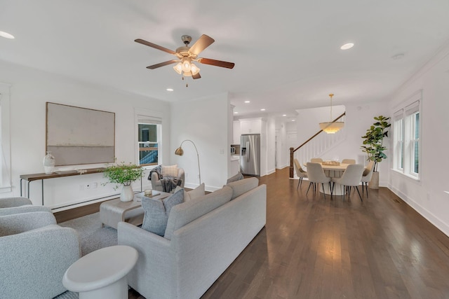 525B Stevenson St, Nashville, TN 37209 - living area featuring stairway, dark wood finished floors, recessed lighting, a ceiling fan, and baseboards