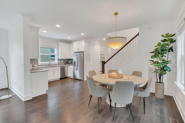 525B Stevenson St, Nashville, TN 37209 - dining area with stairs, dark wood finished floors, recessed lighting, baseboards, and ornamental molding