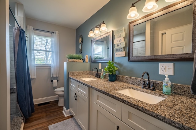 703 Brenda Ave, Loretto, TN 38469 - bathroom with wood finished floors, toilet, baseboards, double vanity, and a shower with shower curtain