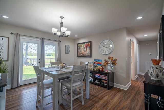 703 Brenda Ave, Loretto, TN 38469 - dining space with a chandelier, dark wood-style flooring, baseboards, and recessed lighting