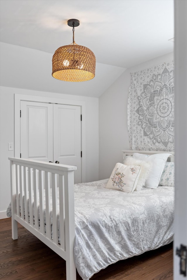 bedroom featuring wood finished floors, lofted ceiling, and a closet