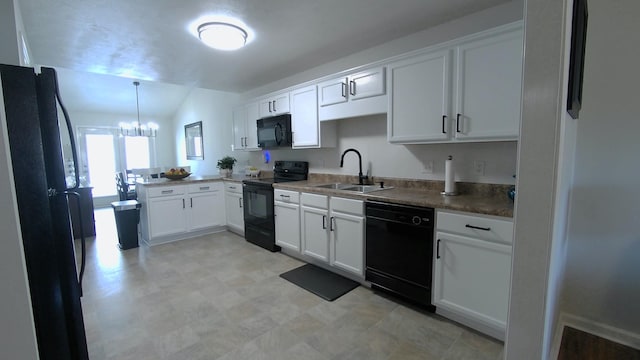 3718 Red Willow Ct, Murfreesboro, TN 37128 - kitchen featuring black appliances, a sink, a chandelier, white cabinetry, and a peninsula