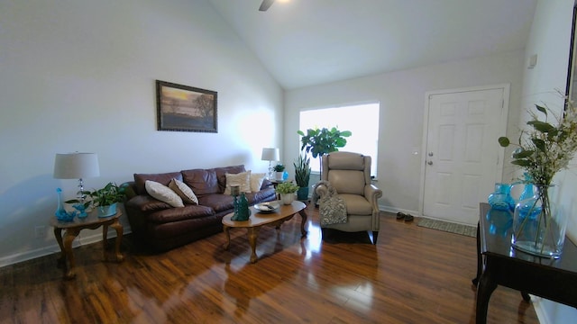 3718 Red Willow Ct, Murfreesboro, TN 37128 - living area with wood finished floors, high vaulted ceiling, baseboards, and a ceiling fan