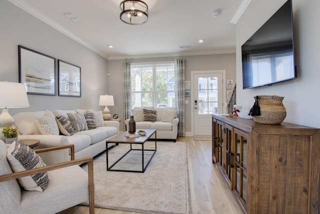 5211 Gladecress Ln, Hermitage, TN 37076 - living room with light wood-style floors, crown molding, recessed lighting, and baseboards