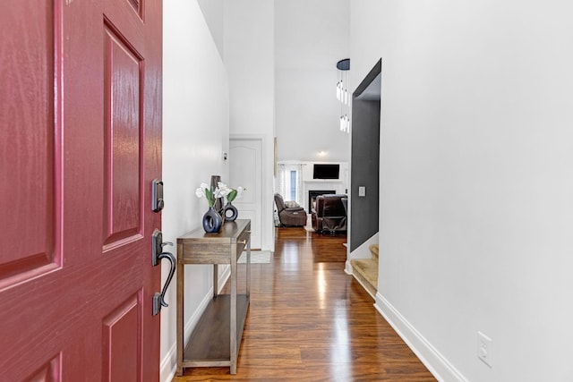 entryway featuring dark wood finished floors, a high ceiling, baseboards, and stairway