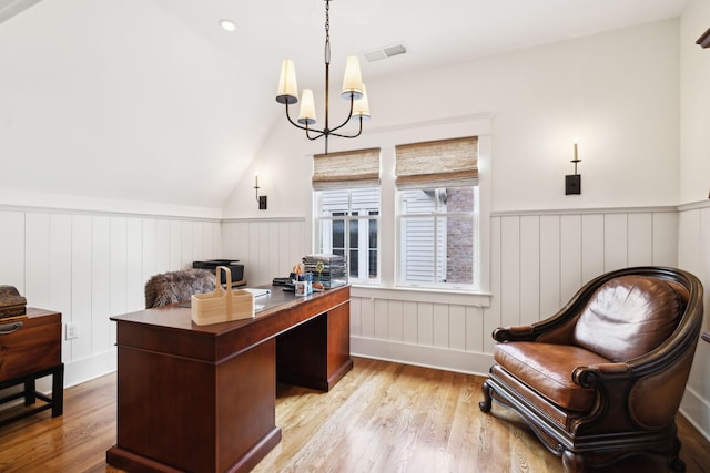 1224 Adams St, Franklin, TN 37064 - office area featuring wood finished floors, wainscoting, a chandelier, and vaulted ceiling