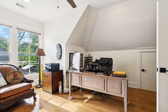 1224 Adams St, Franklin, TN 37064 - home office featuring light wood finished floors, vaulted ceiling, and a ceiling fan