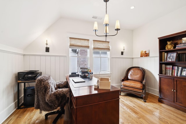 1224 Adams St, Franklin, TN 37064 - office area with wainscoting, light wood-style flooring, vaulted ceiling, and a chandelier