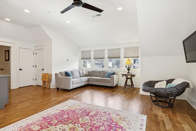 1224 Adams St, Franklin, TN 37064 - living room featuring lofted ceiling, a ceiling fan, wood finished floors, baseboards, and recessed lighting