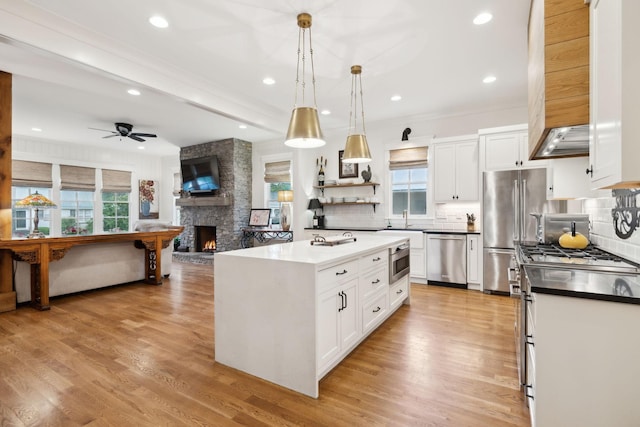 1224 Adams St, Franklin, TN 37064 - kitchen with stainless steel appliances, decorative backsplash, a fireplace, healthy amount of natural light, and recessed lighting
