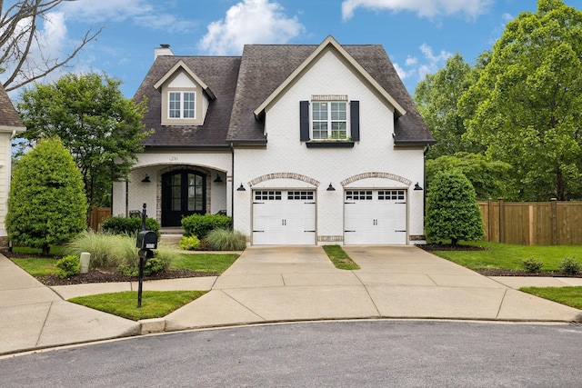view of front facade with fence, an attached garage, roof with shingles, a chimney, and concrete driveway